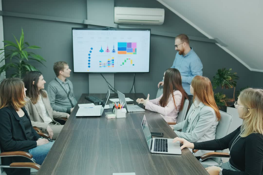 A team reviewing a project dashboard together in a meeting room